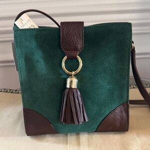 Talbots Rich Green Suede Leather Bag with brown Leather Trim. NWT.